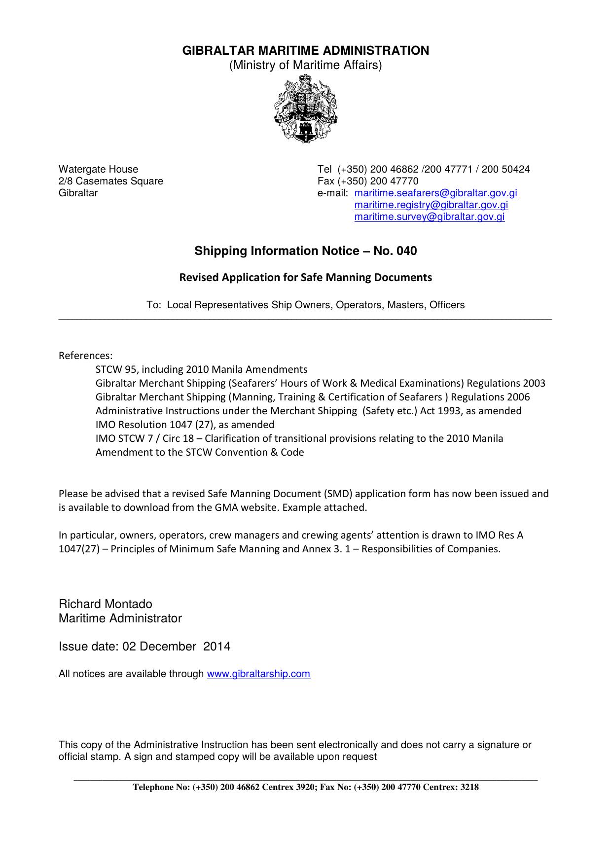 SIN-040-2014 by Maritime Administrator
