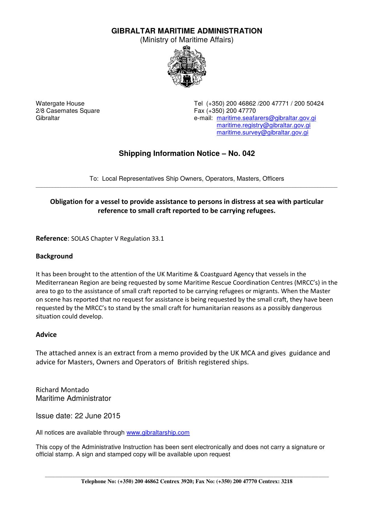 SIN-042-2015 by Maritime Administrator