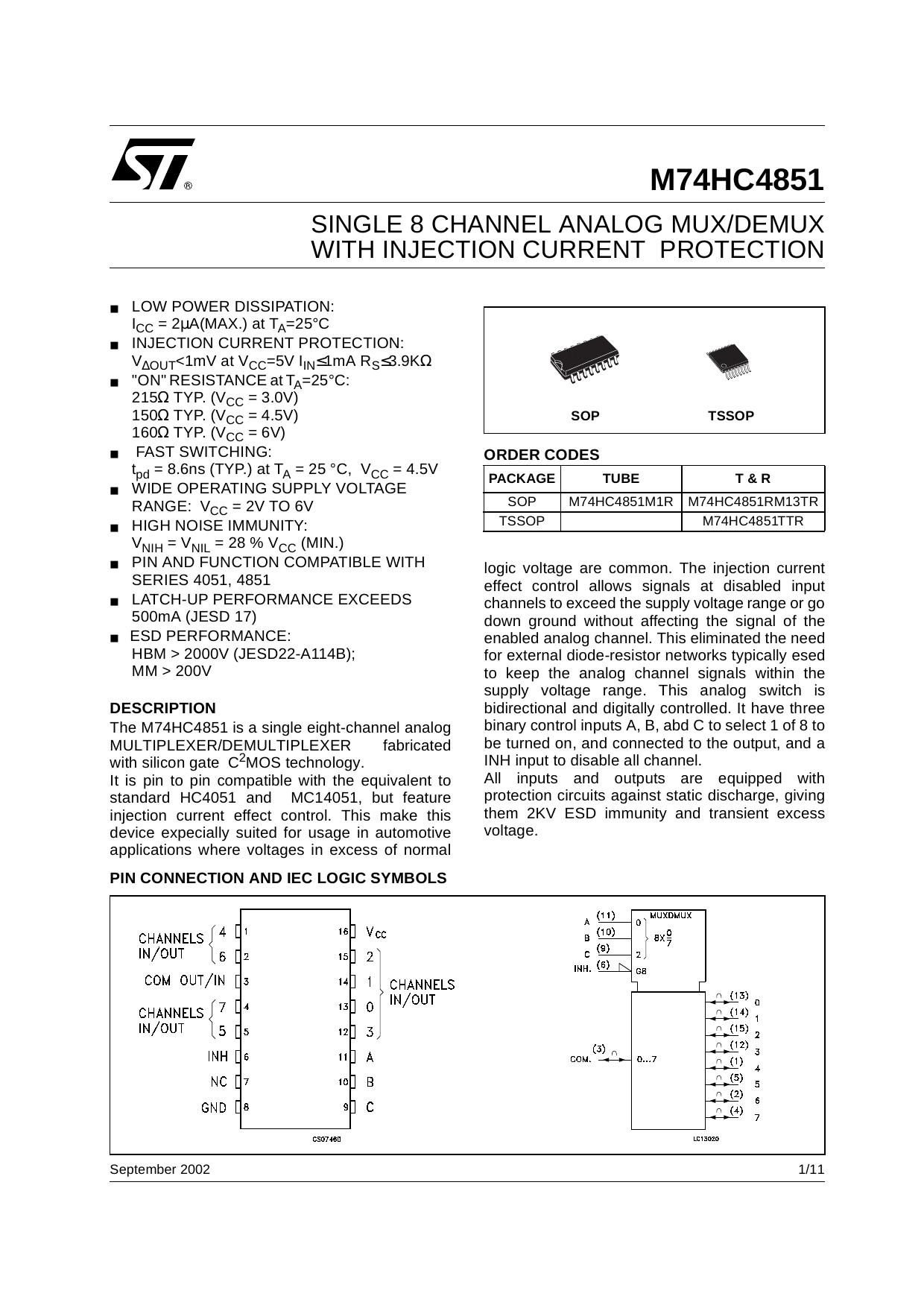 SINGLE 8 CHANNEL ANALOG MULTIPLEXER DEMULTIPLEXER WITH INJECTION CURRENT PROTECTION by STMicroelectronics