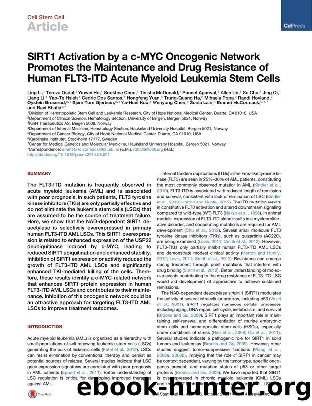 SIRT1 Activation by a c-MYC Oncogenic Network Promotes the Maintenance and Drug Resistance of Human FLT3-ITD Acute Myeloid Leukemia Stem Cells by unknow