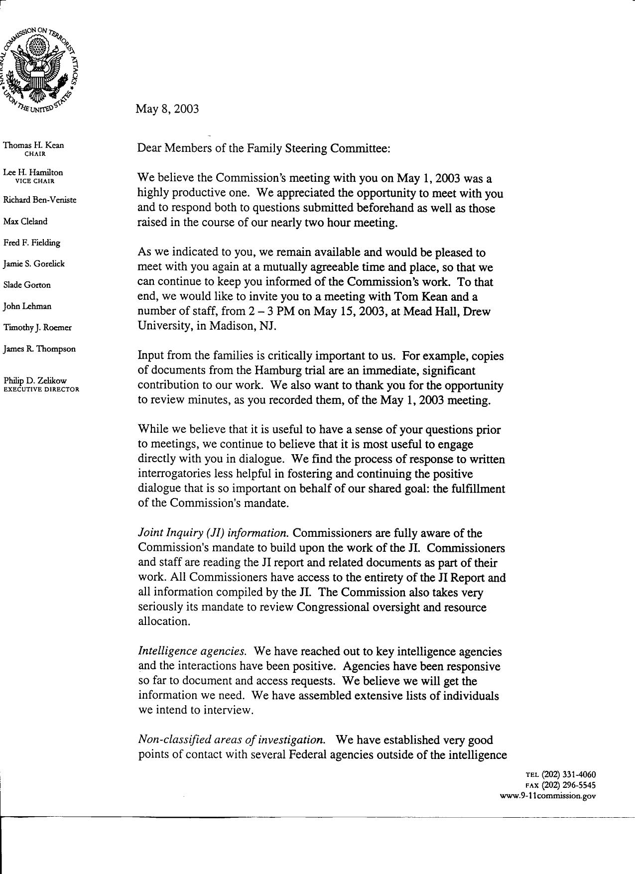 SK B1 Family Liaison Fdr- 5-5-03 Letter from Family Steering Commitee re Joint Inquiry and 5-8-03 Commission Response by Unknown