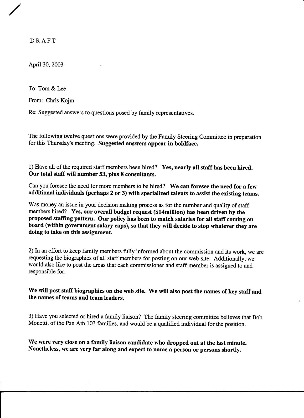 SK B1 Family Liaison Fdr- Questions from the Family Steering Committee for 5-1-03 Briefing and Draft Commission Response 535 by Unknown