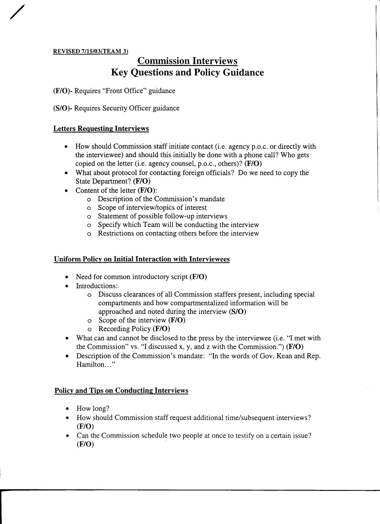 SK B1 Staff Memoranda Fdr- 7-15-03 Team 3- Commission Interviews- Key Questions and Policy Guidance 523 by Unknown