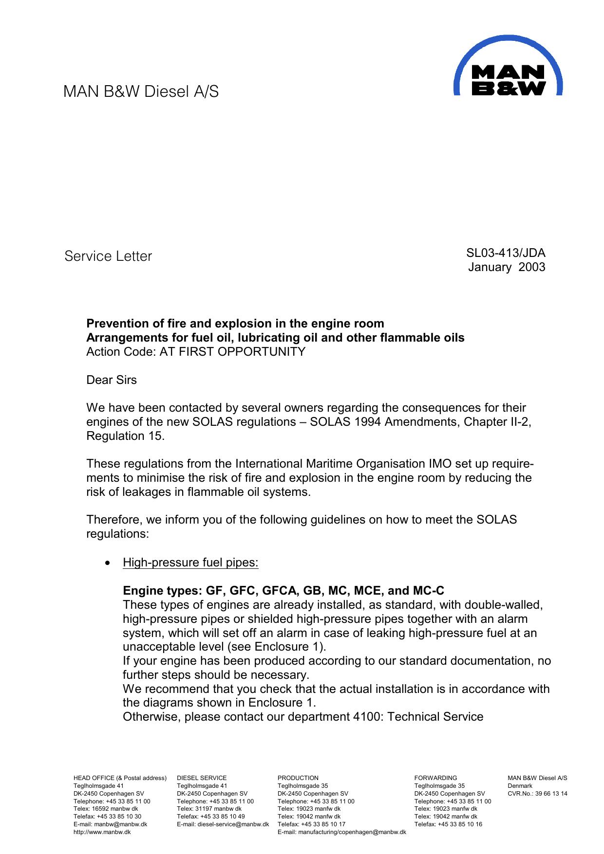 SL2003-413 Prevention of fire and explosion in the engine room Arrangements for fuel oil, lubricating oil and other flammable oils by Unknown