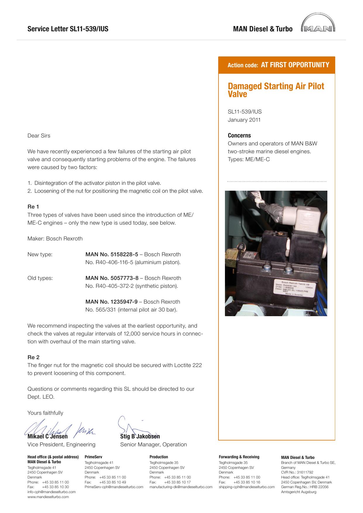 SL2011-539 Damaged Starting Air Pilot Valve by MAN Diesel && Turbo
