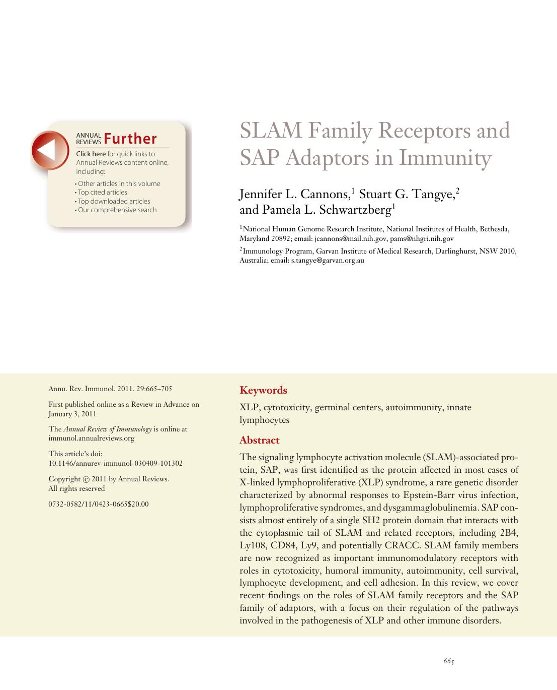 SLAM Family Receptors and SAP Adaptors in Immunity by Jennifer L. Cannons 1 Stuart G. Tangye 2 and Pamela L. Schwartzberg1