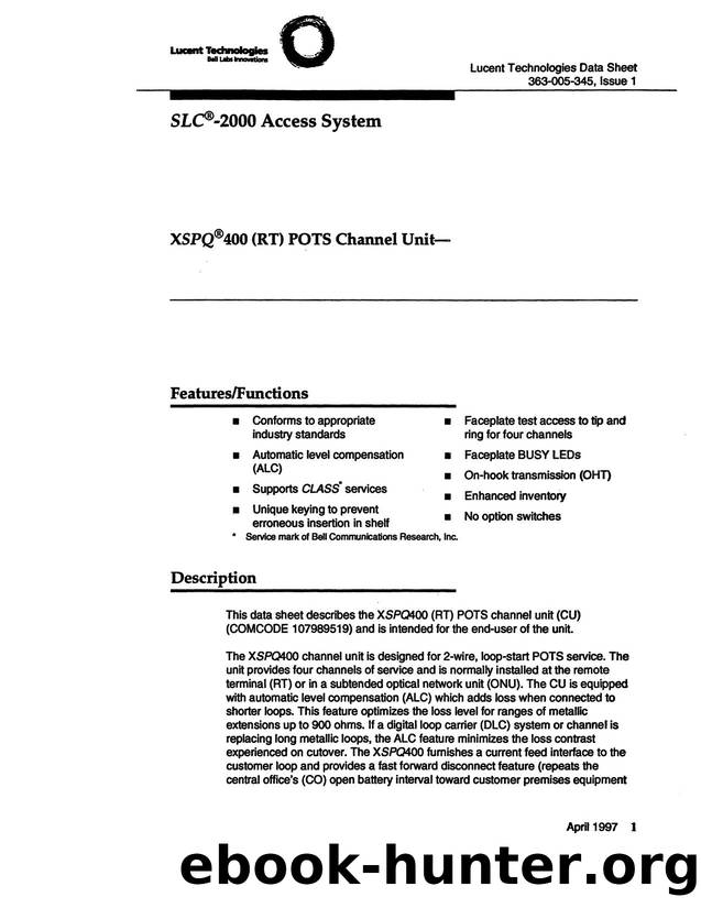 SLC-2000 Access System XSPQ 400 (RT) POTS Channel Unit by Unknown