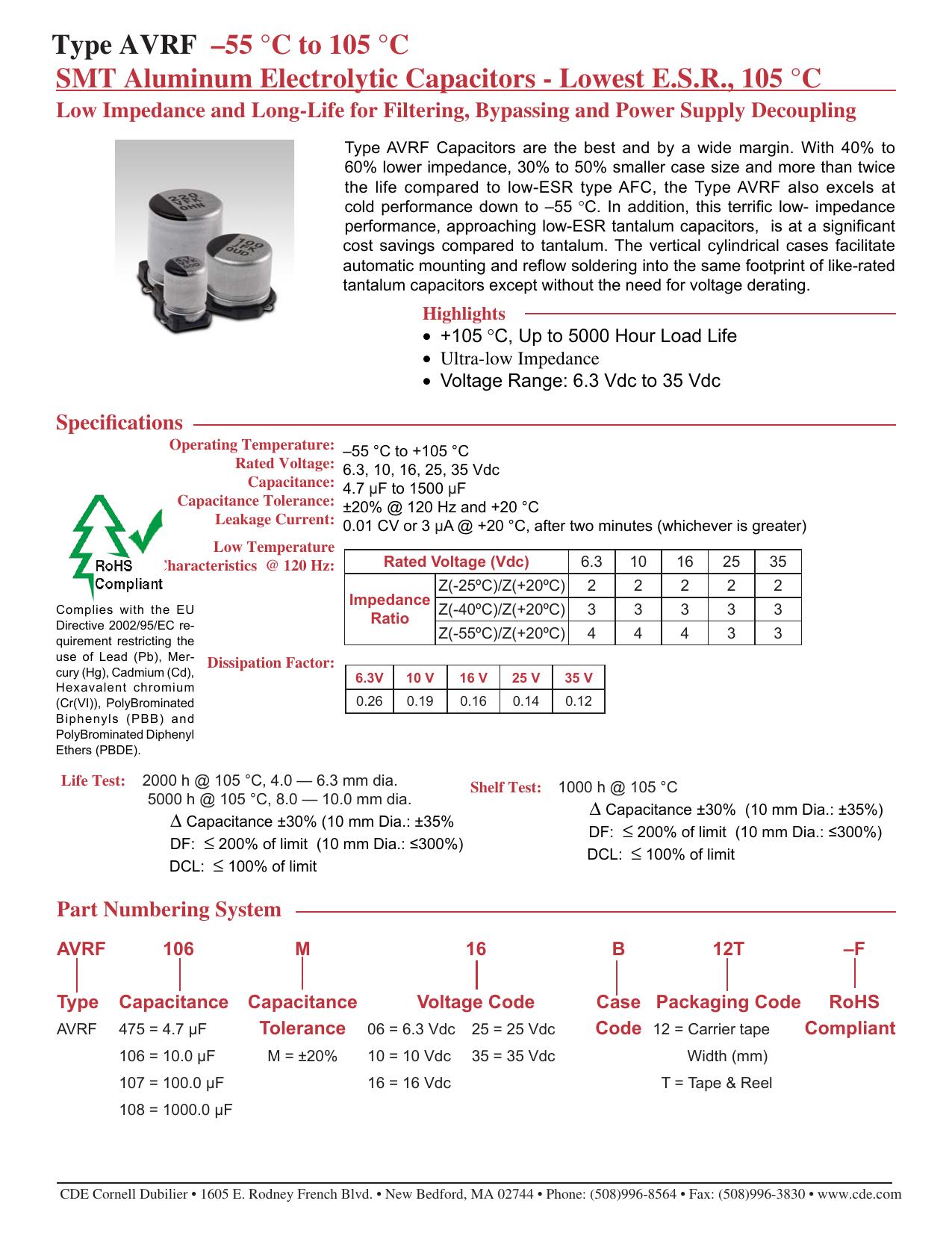 SMT Aluminum Electrolytic Capacitors - Type AVRF by Cornell Dubilier Electronics Inc
