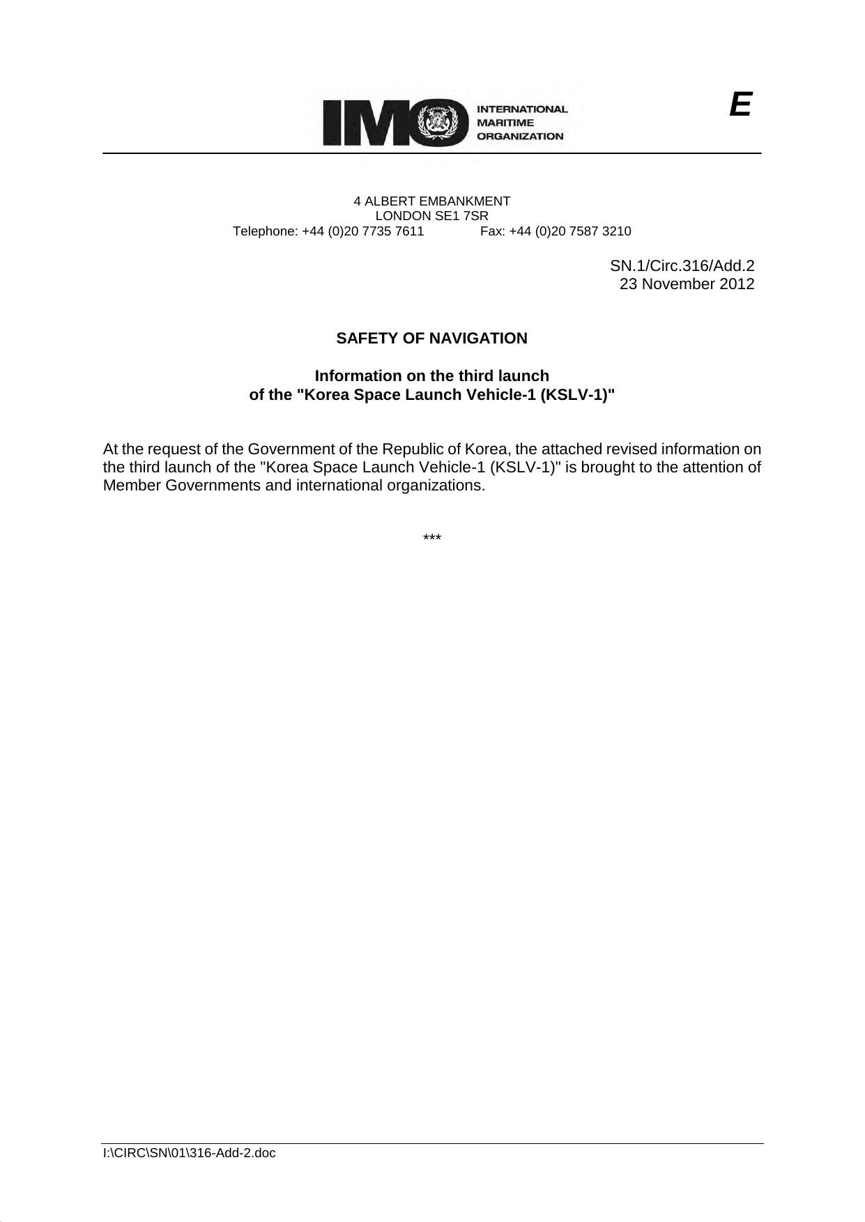 SN.1Circ. 316Add.2 - Safety of Navigation - Information on the Third Launch of the Korea by Unknown