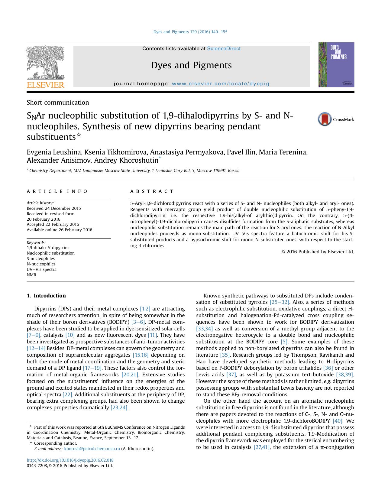 SNAr nucleophilic substitution of 1,9-dihalodipyrrins by S- and N- nucleophiles. Synthesis of new dipyrrins bearing pendant substituents by unknow