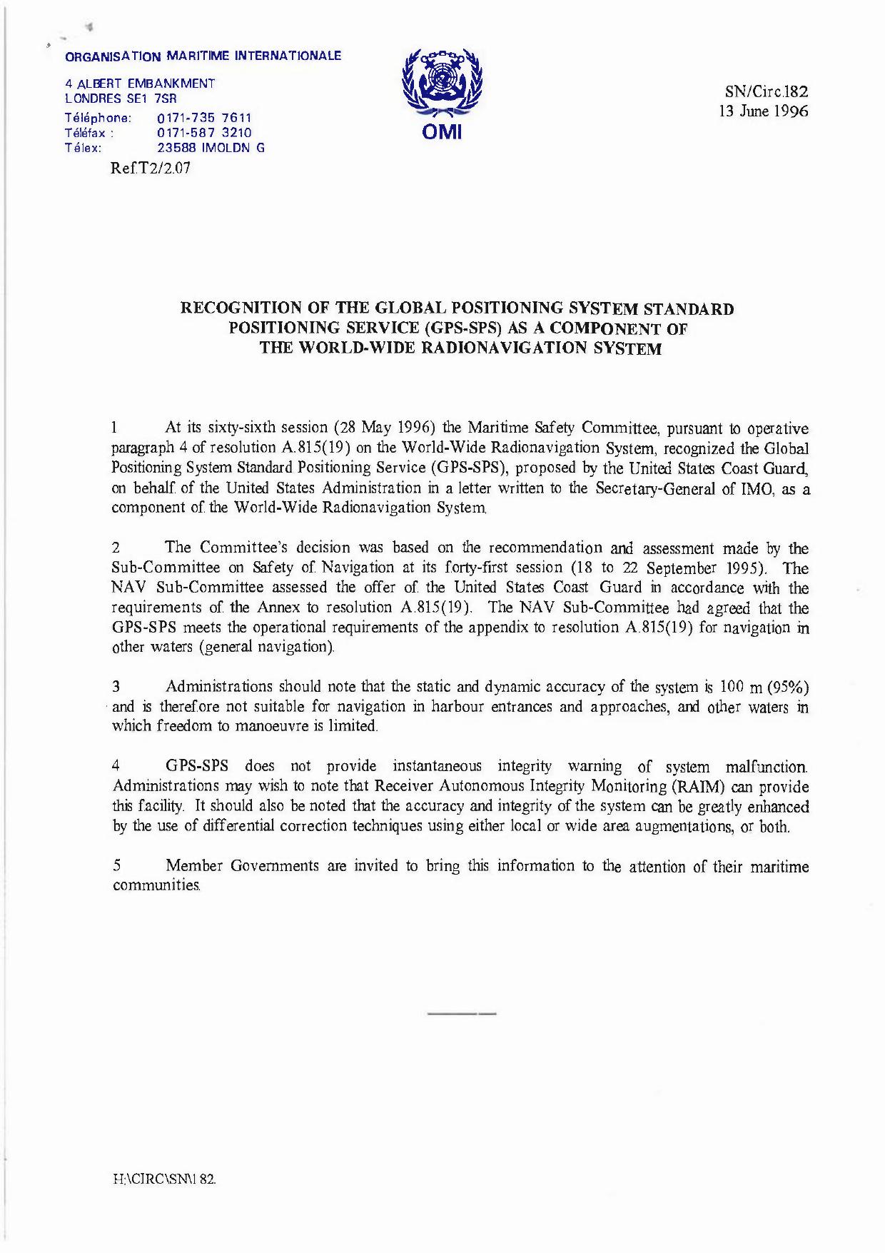 SNCirc.182 - Recognition of the Global Positioning System Standard Positioning Service (GPS-SPS) as a Component of the World-Wide Radionavigation System by Redistributed by Regs4ships Ltd