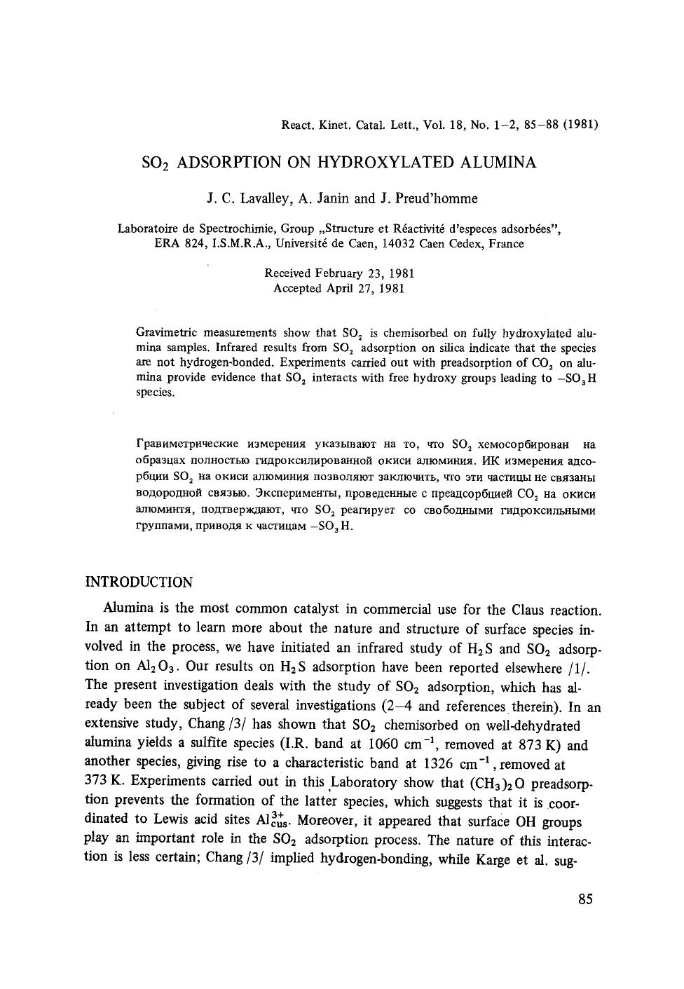 SO <Subscript>2 <Subscript> adsorption on hydroxylated alumina by Unknown