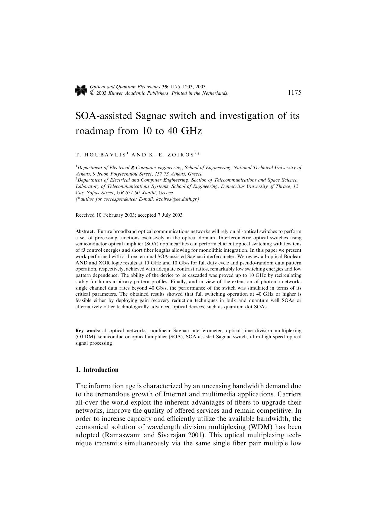 SOA-assisted Sagnac switch and investigation of its roadmap from 10 to 40 GHz by Unknown