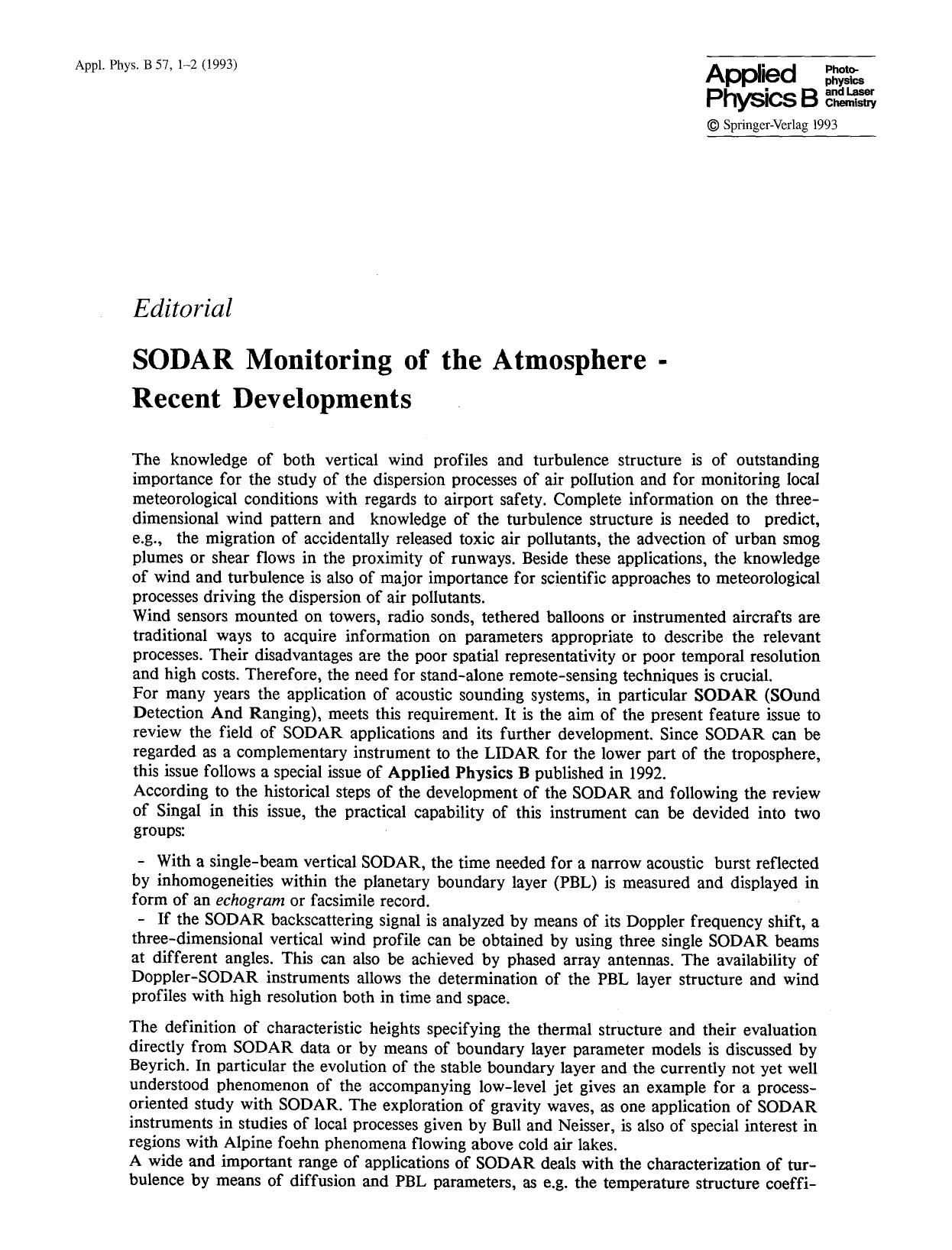 SODAR monitoring of the atmosphere &#x2014; recent developments by Unknown