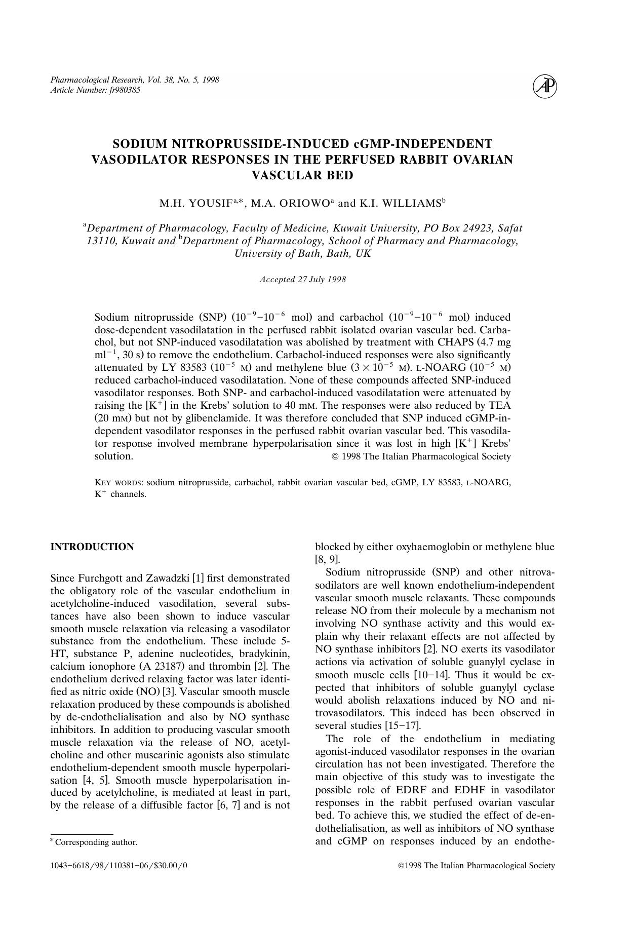 SODIUM NITROPRUSSIDE-INDUCED cGMP-INDEPENDENT VASODILATOR RESPONSES IN THE PERFUSED RABBIT OVARIAN VASCULAR BED by Yousif M.H. & Oriowo M.A. et al