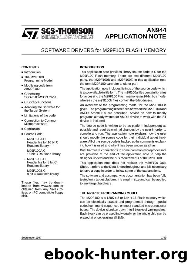 SOFTWARE DRIVERS FOR M29F100 FLASH MEMORY by SGS-THOMSON Microelectronics