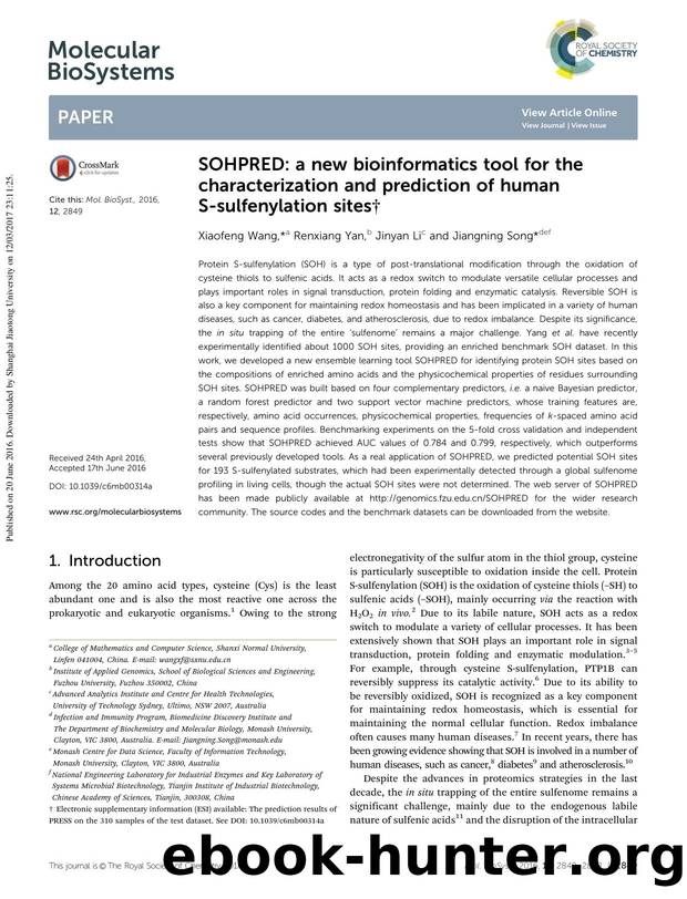 SOHPRED: a new bioinformatics tool for the characterization and prediction of human S-sulfenylation sites by Xiaofeng Wang & Renxiang Yan & Jinyan Li & Jiangning Song