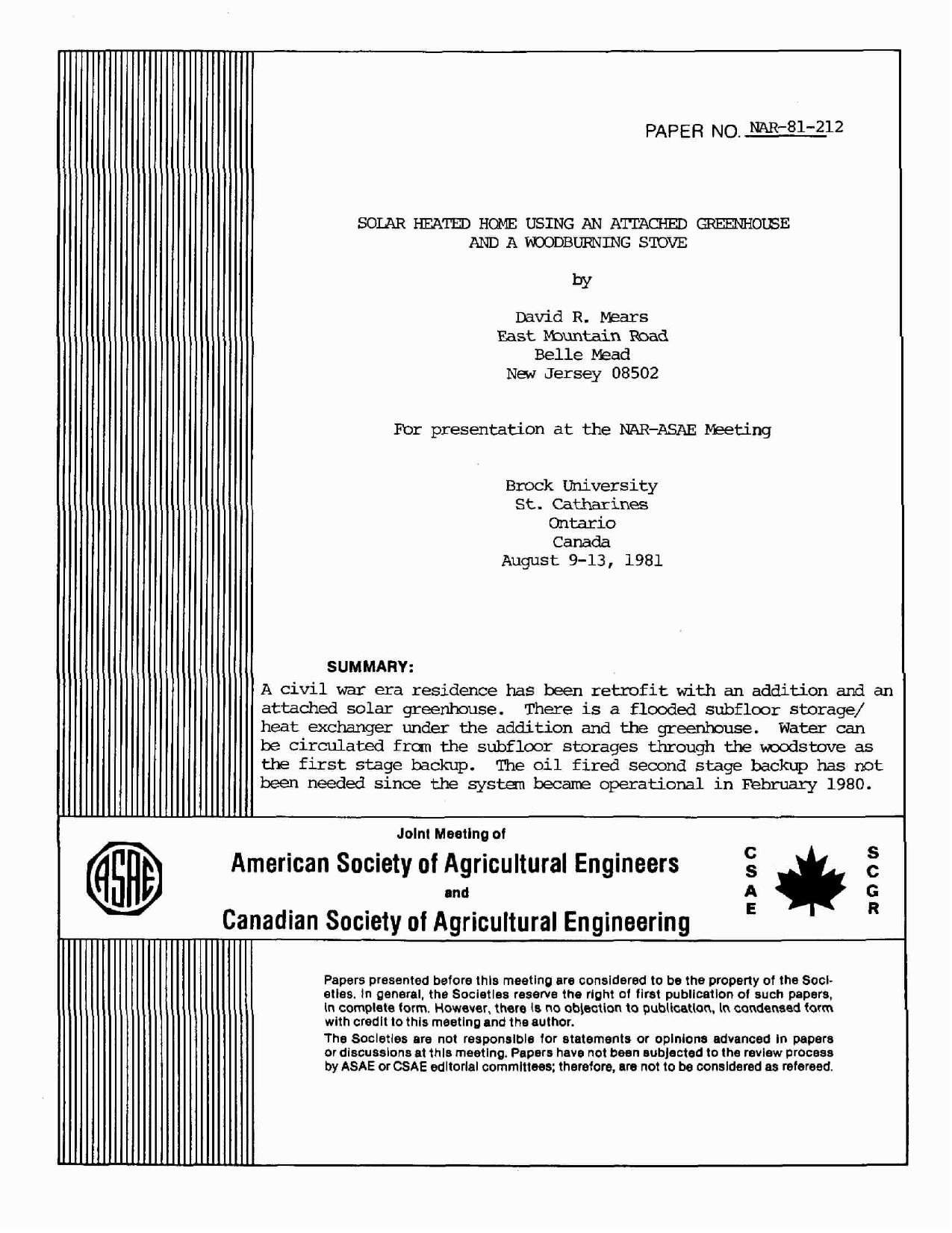 SOLAR HEATED HOME USING AN ATTACHED GREENHOUSE by D. Mears