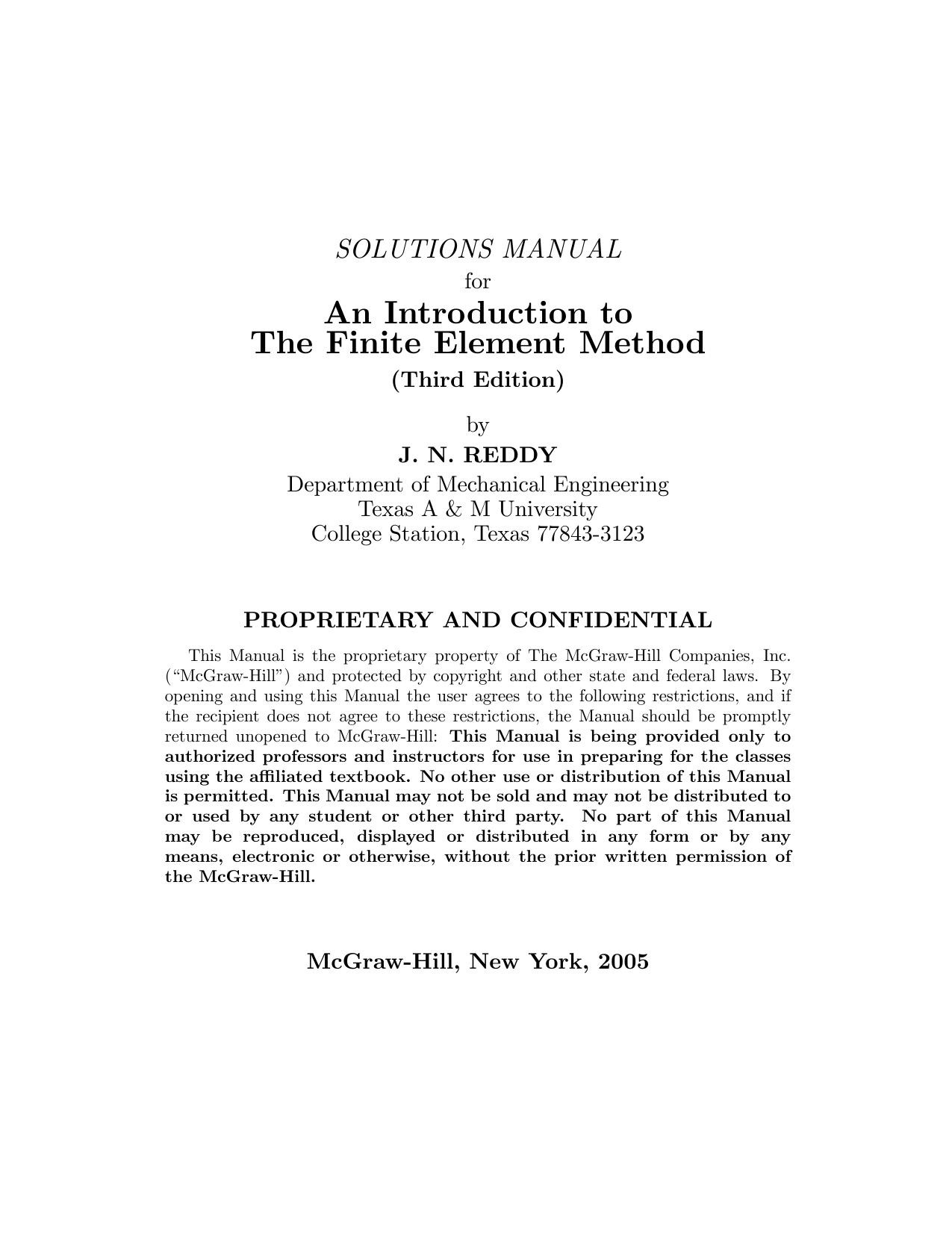 SOLUTIONS MANUAL for An Introduction to The Finite Element Method (Third Edition) by J. N. REDDY