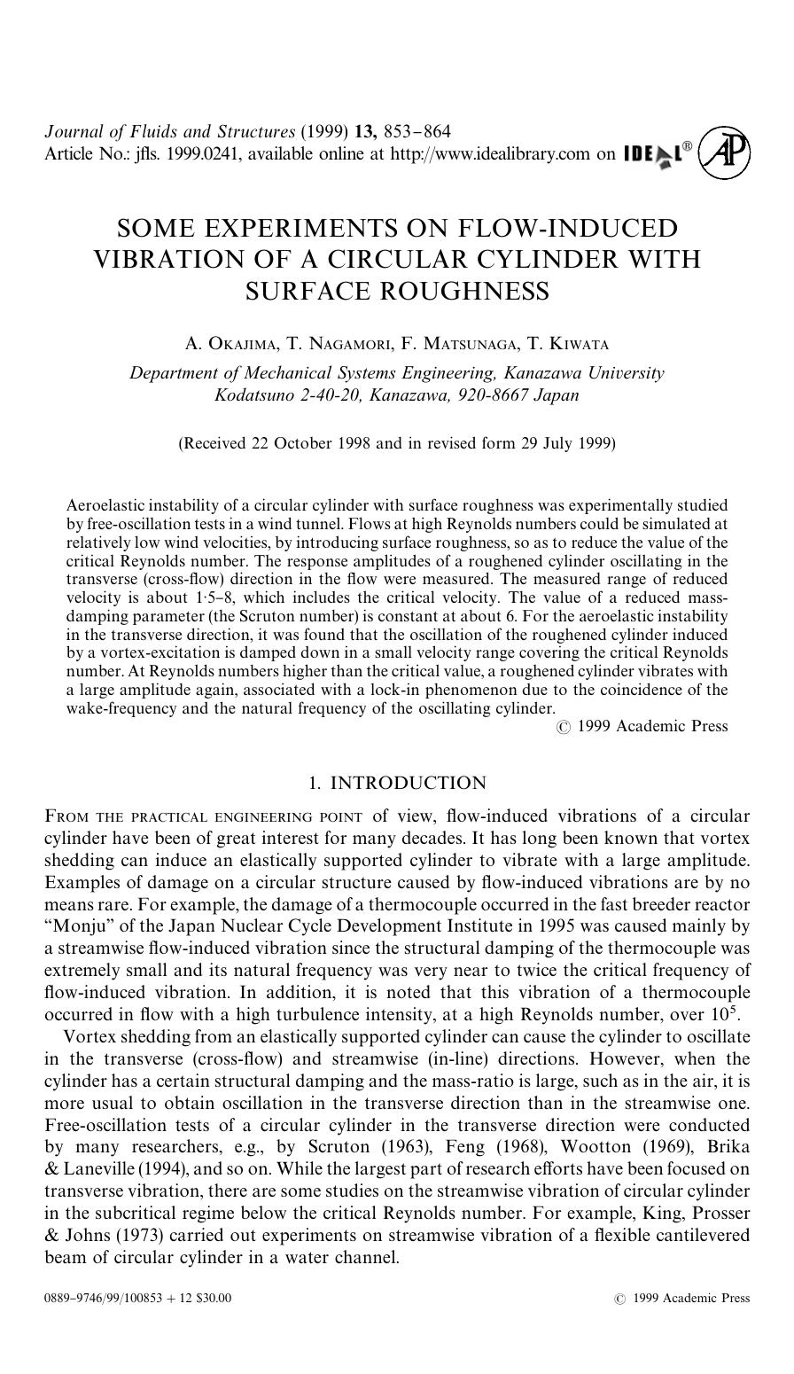 SOME EXPERIMENTS ON FLOW-INDUCED VIBRATION OF A CIRCULAR CYLINDER WITH SURFACE ROUGHNESS by OKAJIMA A. et al