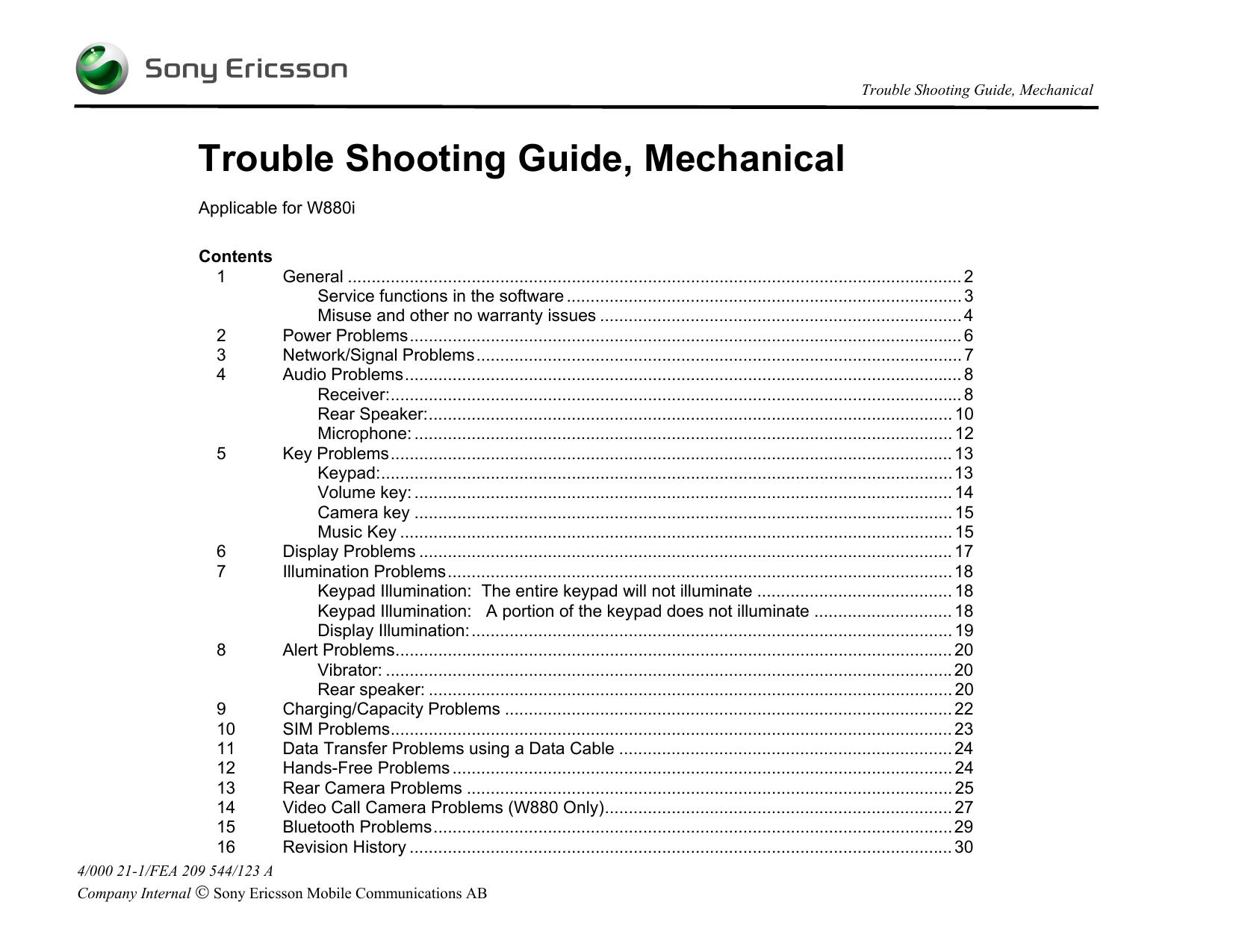 SONY ERICSSON W880 Trouble Shooting Guide, Mechanical by Unknown