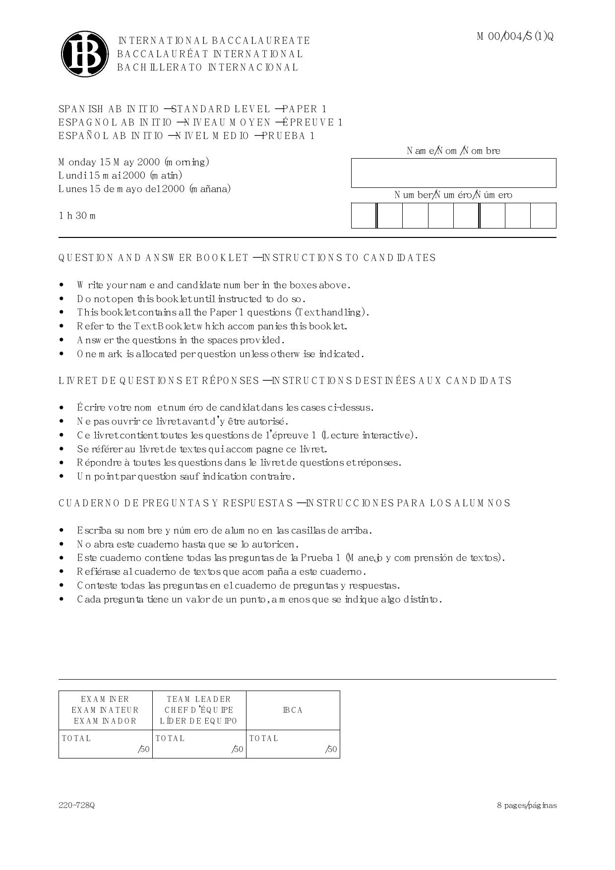 SPANISH AB INITIO - STANDARD LEVEL - PAPER ONE - QUESTION BOOKLET by unknow