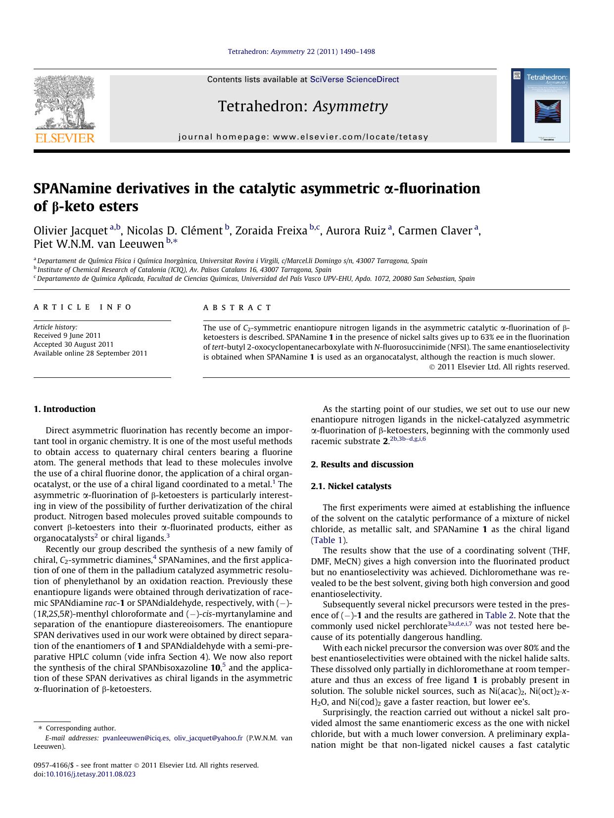 SPANamine derivatives in the catalytic asymmetric ÃÂ±-fluorination of ÃÂ²-keto esters by unknow