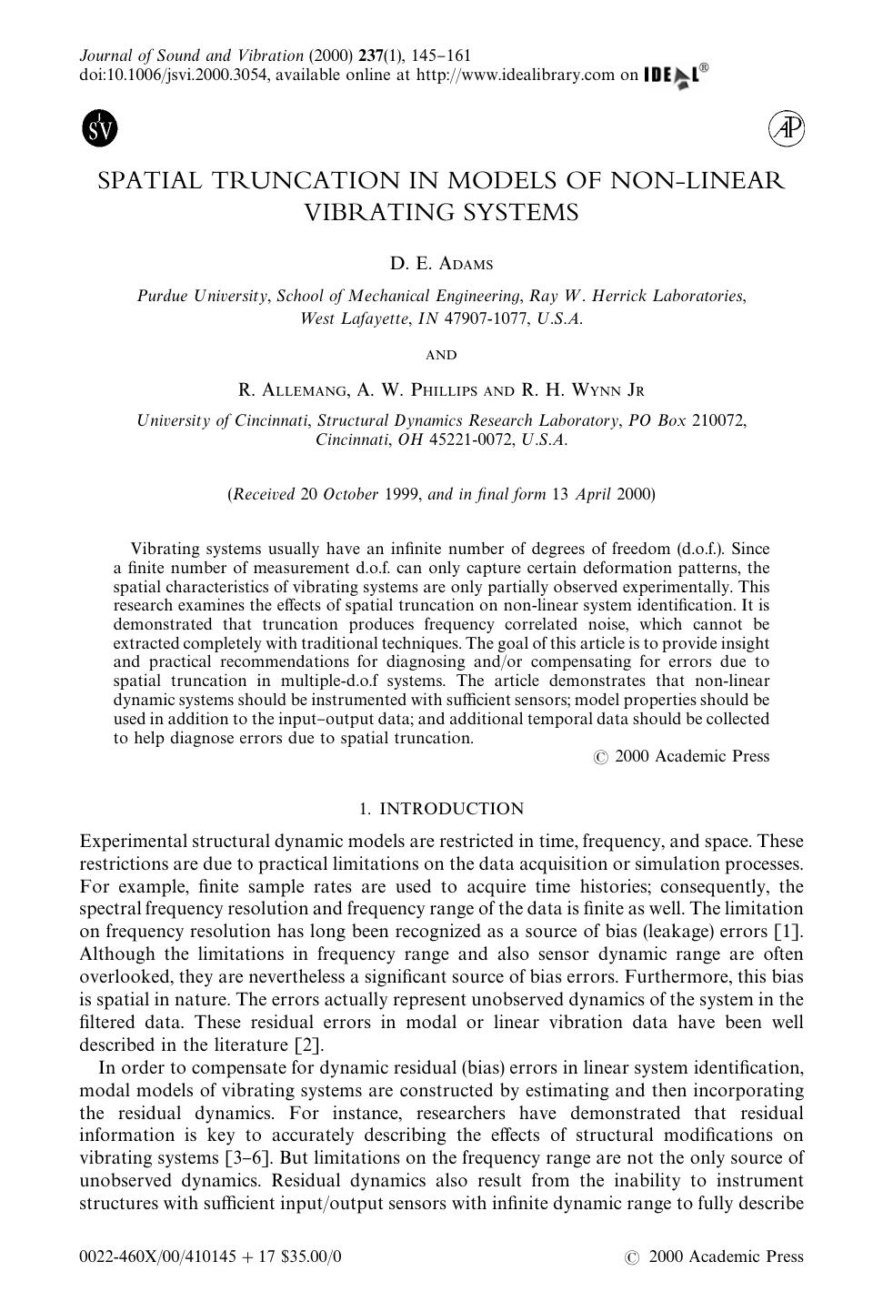 SPATIAL TRUNCATION IN MODELS OF NON-LINEAR VIBRATING SYSTEMS by ADAMS D. E. et al