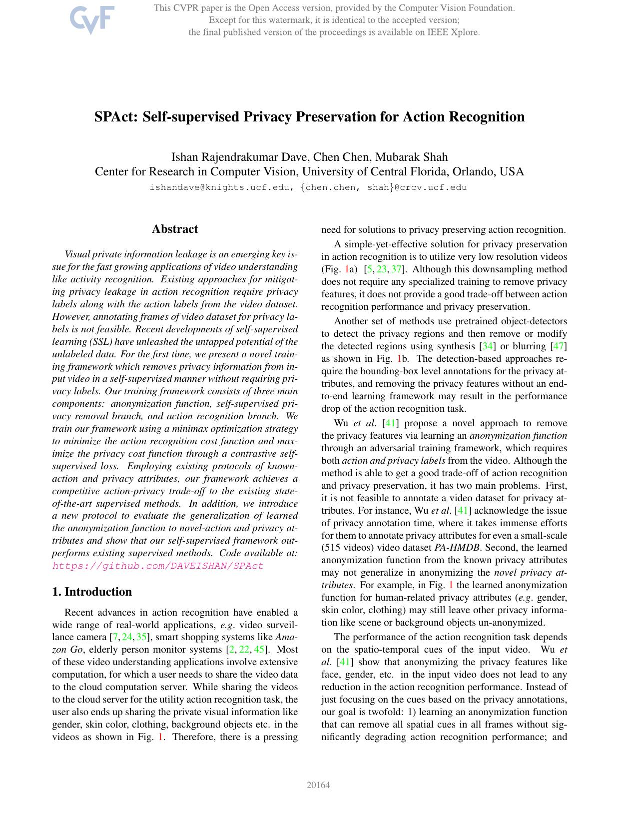 SPAct: Self-Supervised Privacy Preservation for Action Recognition by Ishan Rajendrakumar Dave & Chen Chen & Mubarak Shah