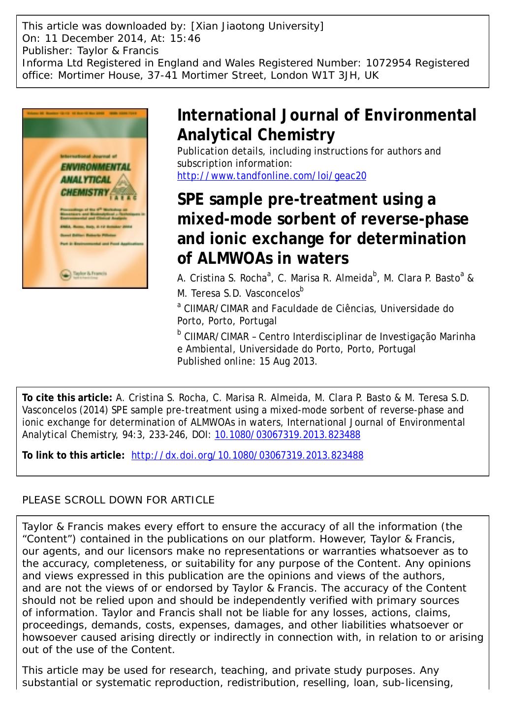 SPE sample pre-treatment using a mixed-mode sorbent of reverse-phase and ionic exchange for determination of ALMWOAs in waters by A. Cristina S. Rocha