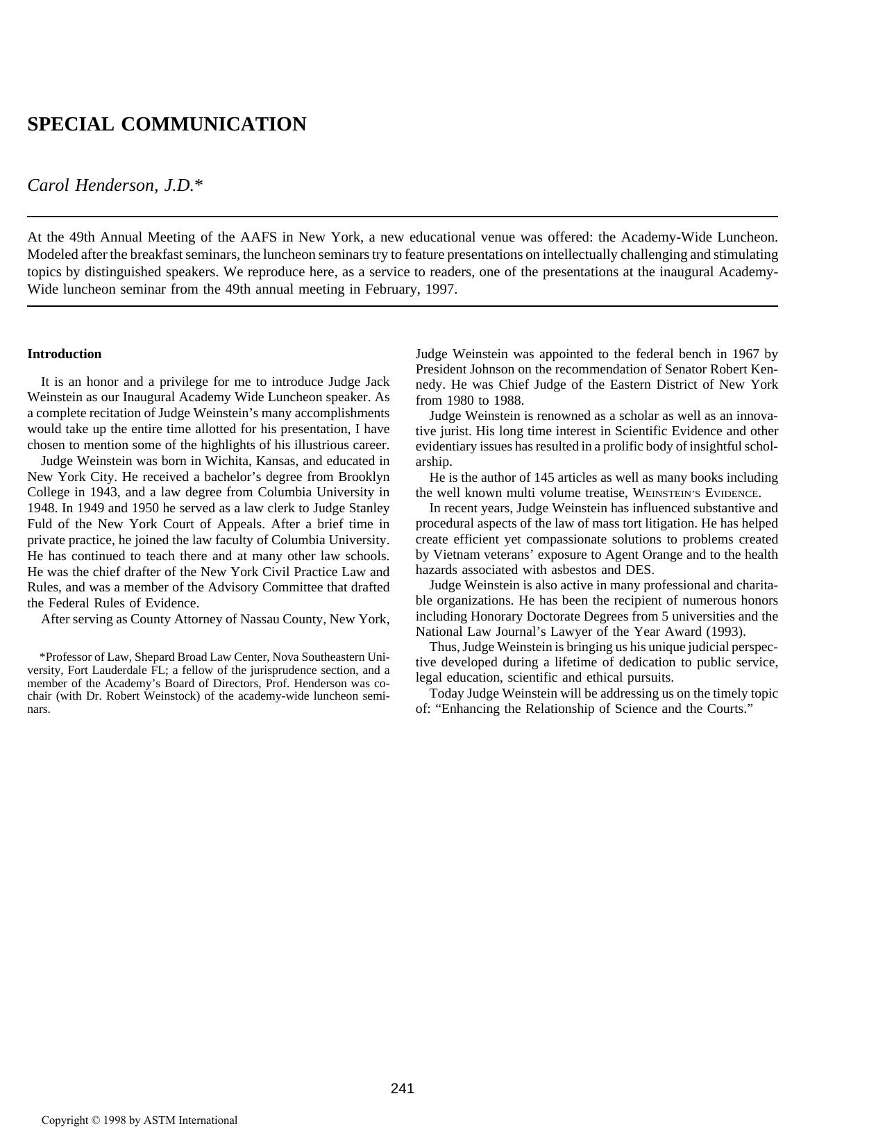 SPECIAL COMMUNICATION by Carol Henderson JD