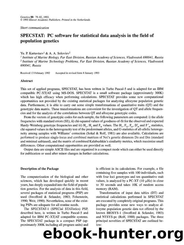 SPECSTAT: PC software for statistical data analysis in the field of population genetics by Unknown