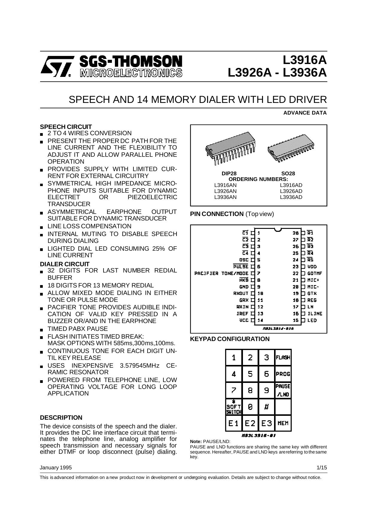 SPEECH AND 14 MEMORY DIALER WITH LED DRIVER SPEECH CIRCUIT by SGS-THOMSON Microelectronics