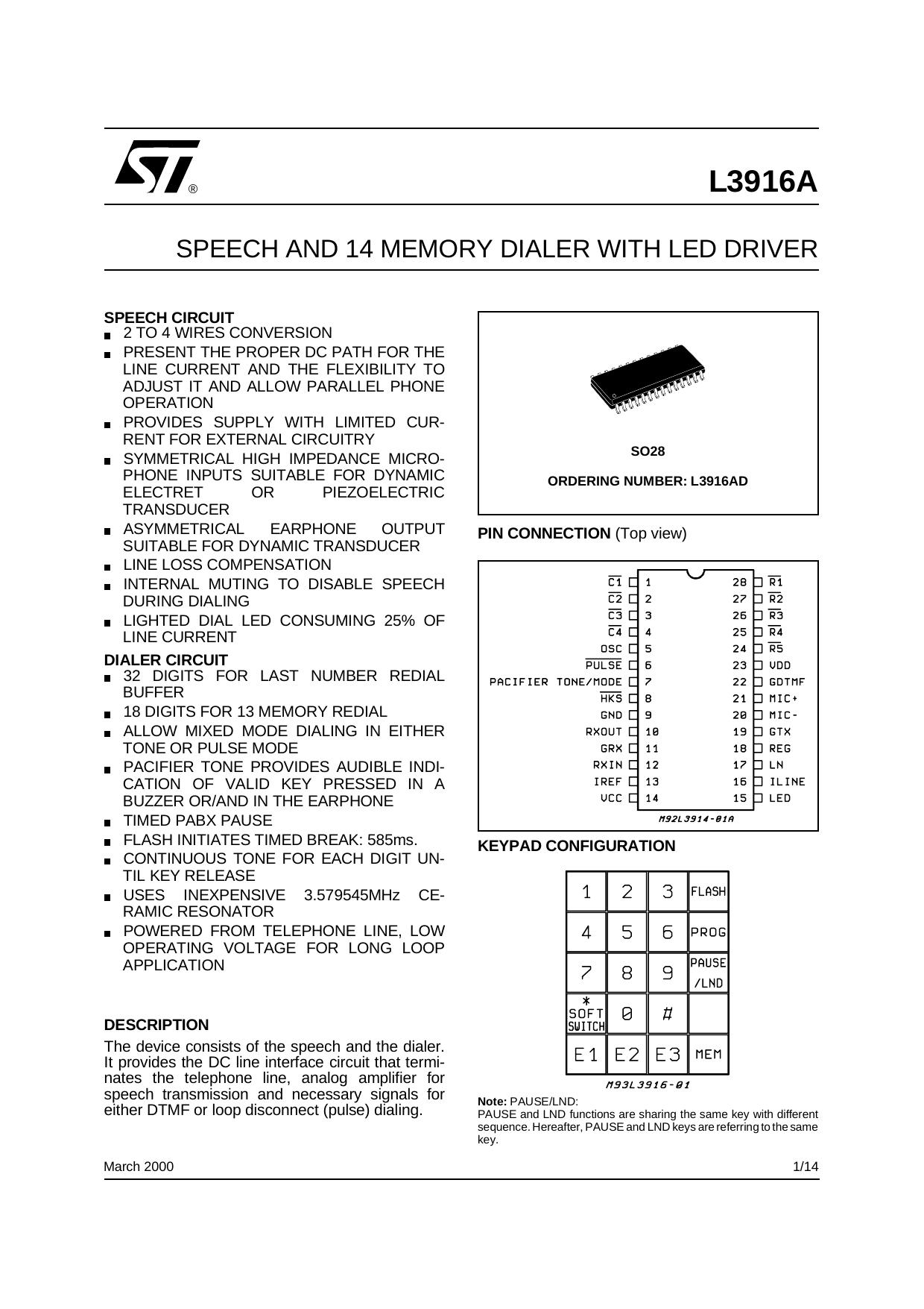 SPEECH AND 14 MEMORY DIALER WITH LED DRIVER SPEECH CIRCUIT by STMicroelectronics