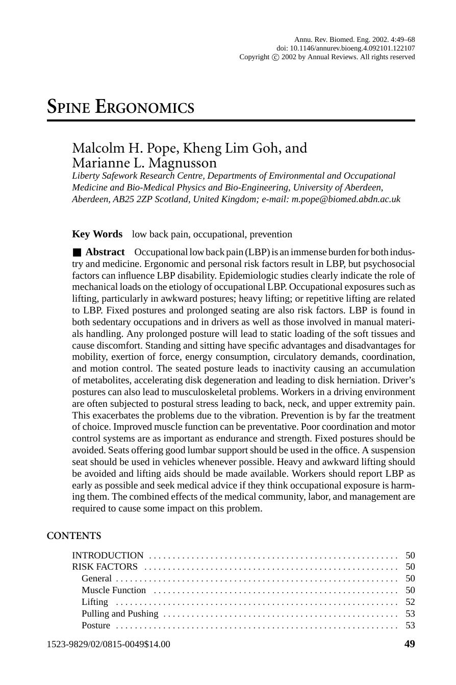 SPINE ERGONOMICS by Malcolm H. Pope Kheng Lim Goh and Marianne L. Magnusson