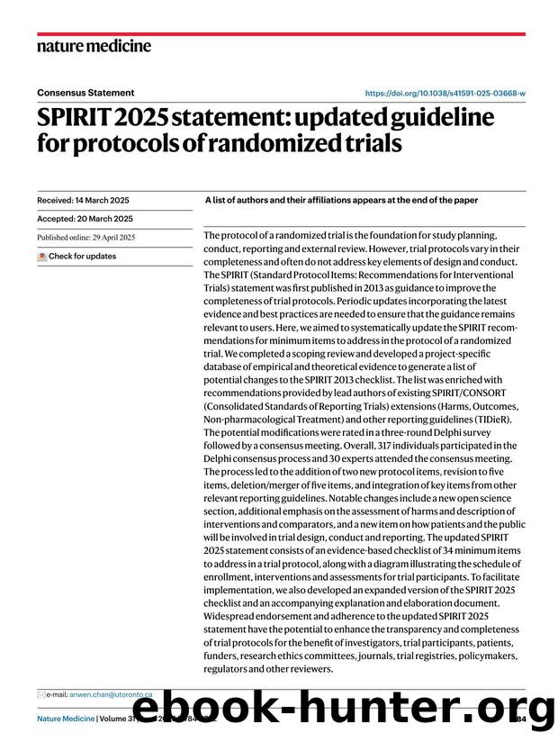 SPIRIT 2025 statement: updated guideline for protocols of randomized trials by unknow