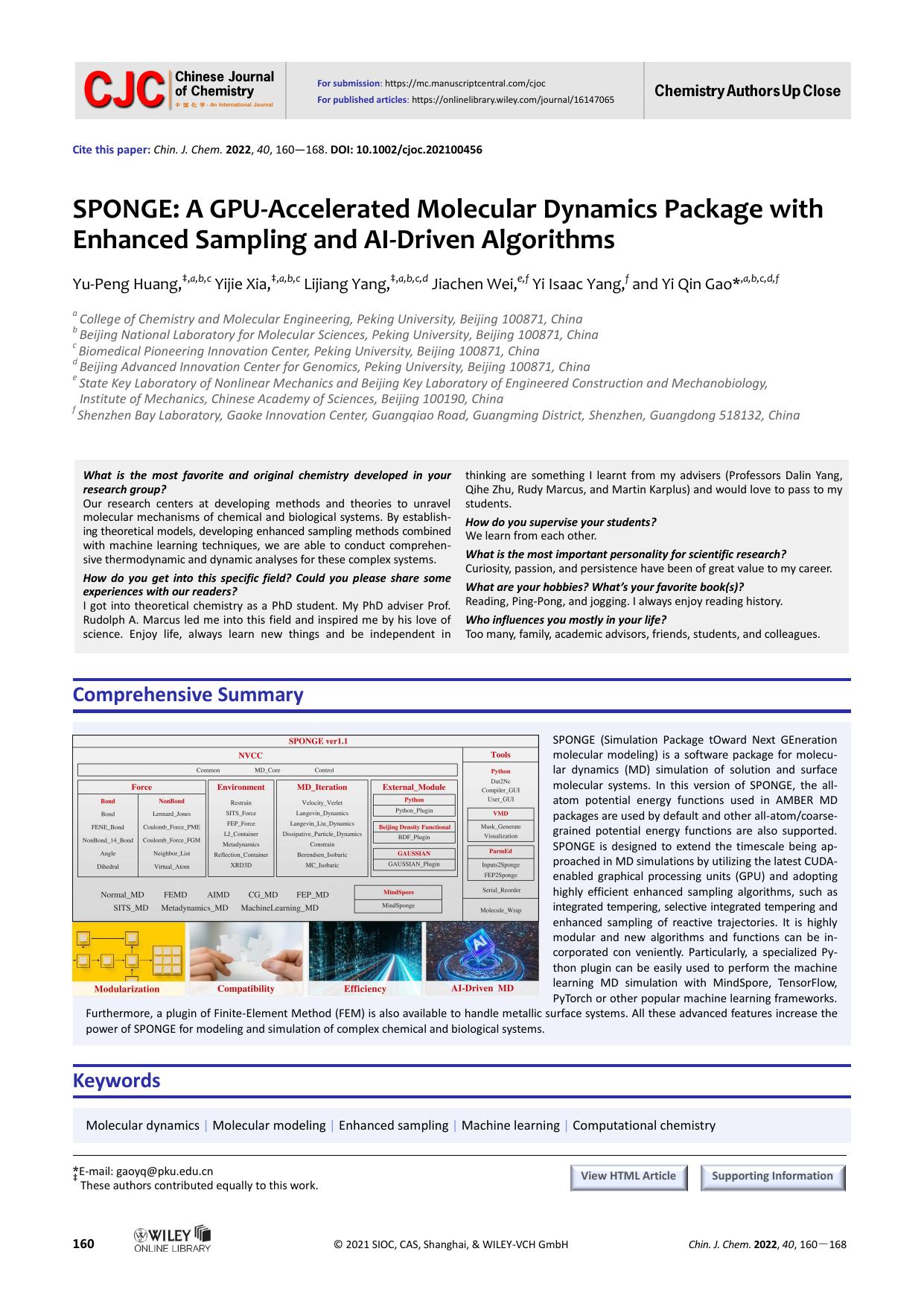 SPONGE: A GPU-Accelerated Molecular Dynamics Package with Enhanced Sampling and AI-Driven Algorithms by 杨立江