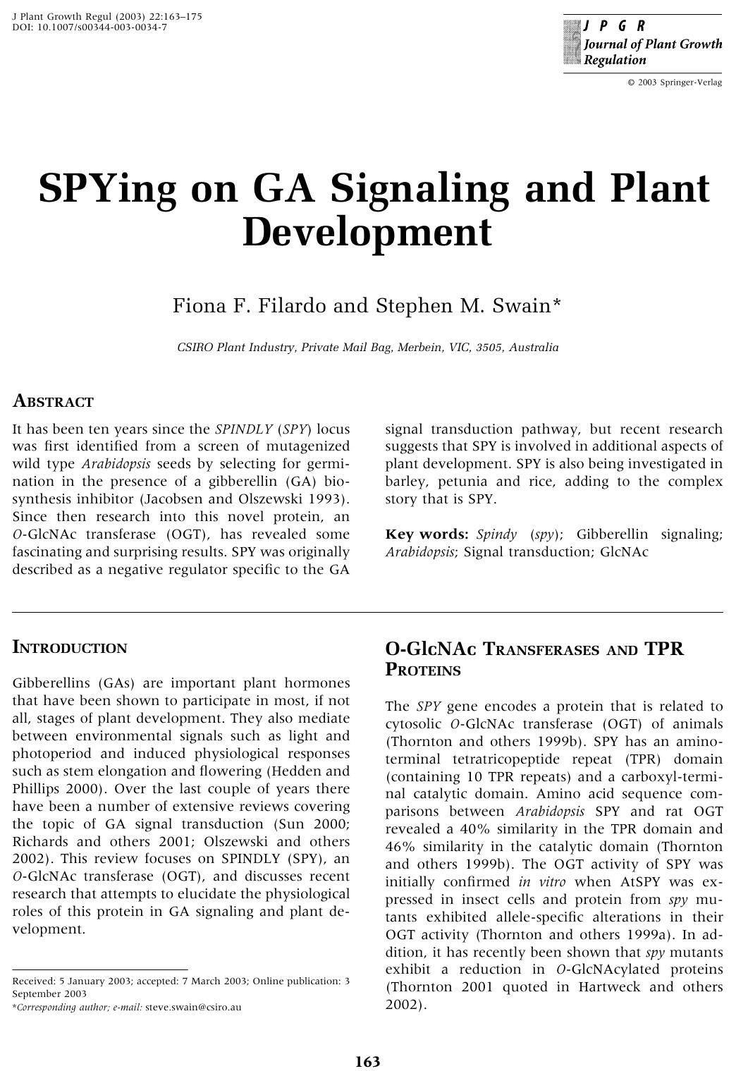 SPYing on GA Signaling and Plant Development by Filardo F.F. et al