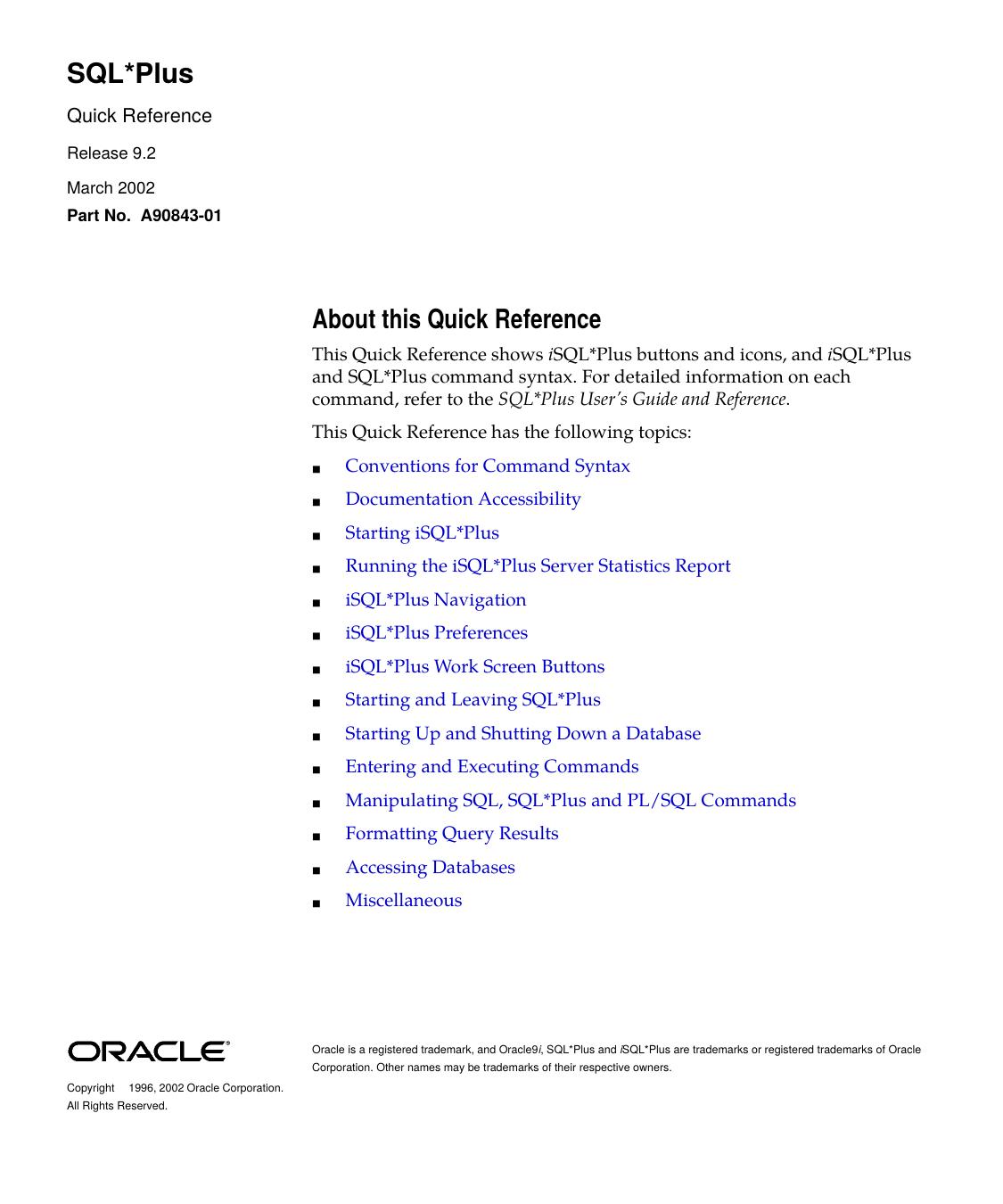 SQL*Plus Quick Reference, Release 9.2 by Oracle Inc
