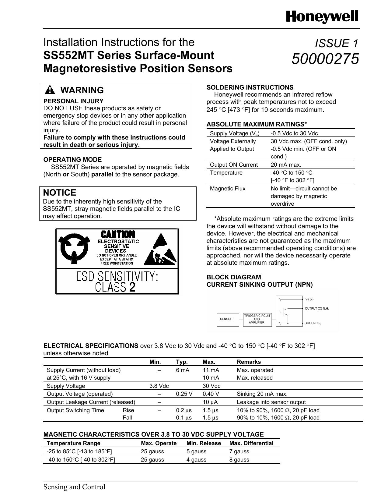 SS552MT Series Surface Mount Magnetoresistive Position Sensors, 500000275, Issue 1 by Honeywell