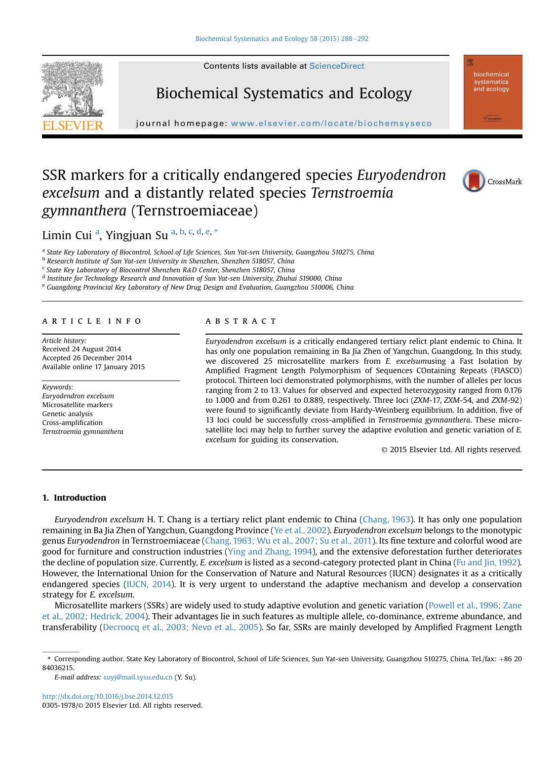 SSR markers for a critically endangered species Euryodendron excelsum and a distantly related species Ternstroemia gymnanthera (Ternstroemiaceae) by Limin Cui & Yingjuan Su