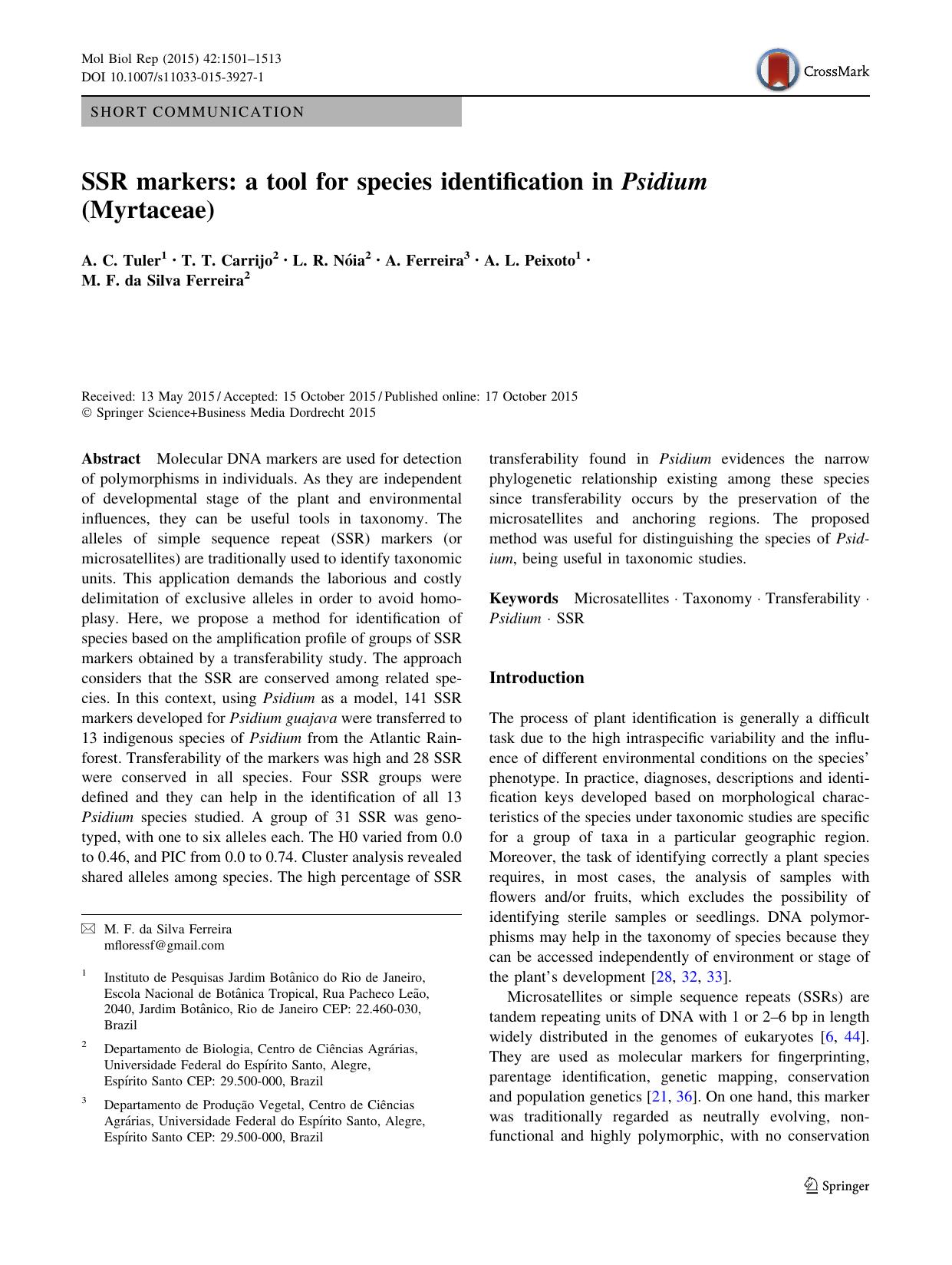 SSR markers: a tool for species identification in Psidium (Myrtaceae) by A. C. Tuler & T. T. Carrijo & L. R. Nóia & A. Ferreira & A. L. Peixoto & M. F. Silva Ferreira