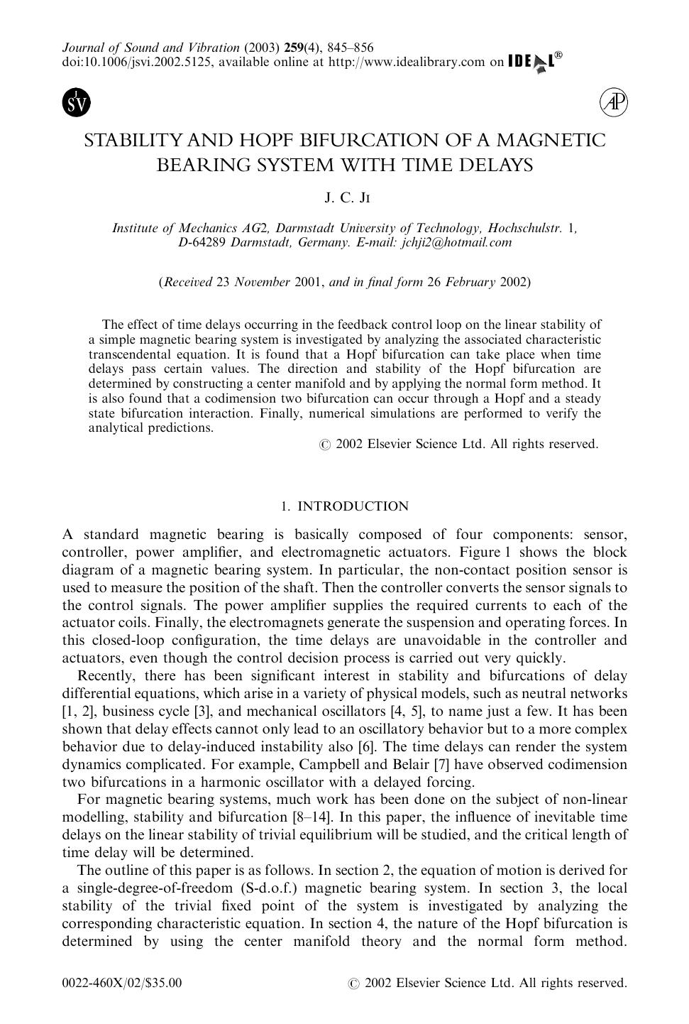 STABILITY AND HOPE BIFURCATION OF A MAGNETIC BEARING SYSTEM WITH TIME DELAYS by JI J. C