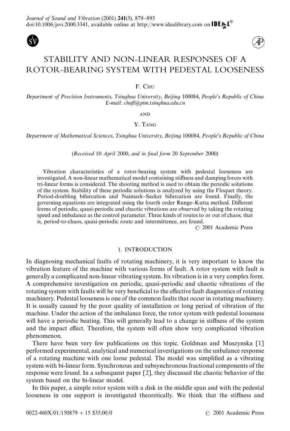STABILITY AND NON-LINEAR RESPONSES OF A ROTOR-BEARING SYSTEM WITH PEDESTAL LOOSENESS by CHU F. & TANG Y