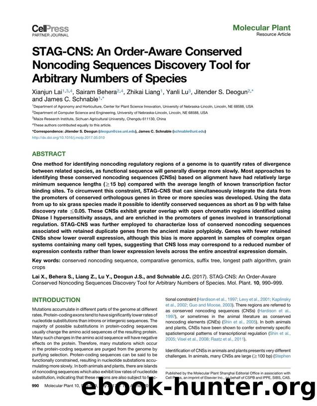 STAG-CNS: An Order-Aware Conserved Noncoding Sequences Discovery Tool for Arbitrary Numbers of Species by Xianjun Lai & Sairam Behera & Zhikai Liang & Yanli Lu & Jitender S. Deogun & James C. Schnable