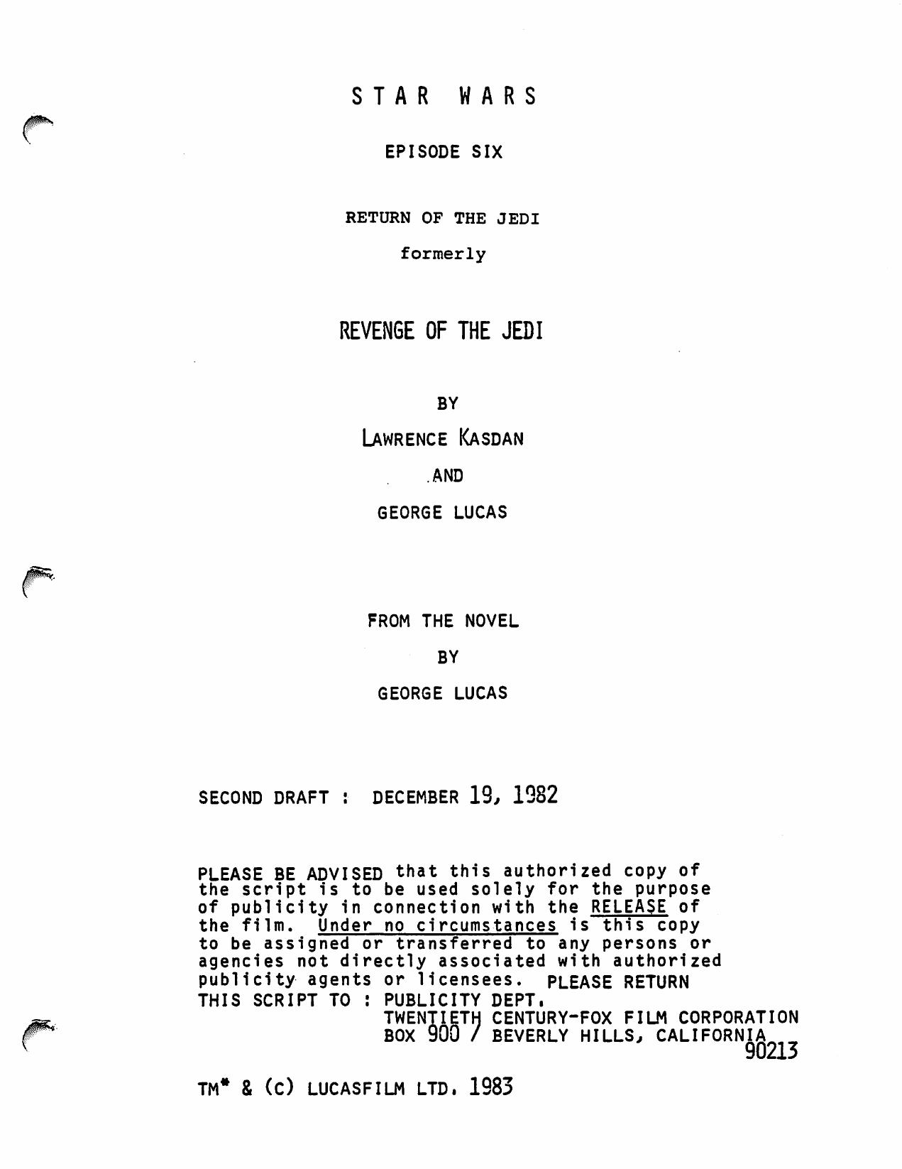 STAR WARS - EP VI by RETURN OF THE JEDI (1983) Lawrence Kasdan & George Lucas