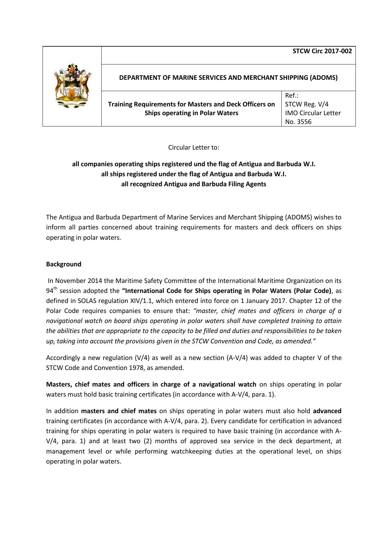 STCW Circ 2017-002 Training Requirements for Masters and Deck Officers on Ships operating in Polar Waters by User14