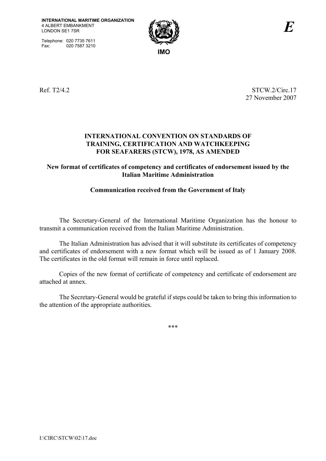 STCW.2Circ.17 - New format of certificates of competency and certificates of endorsement issued by the Italian Maritime Administration - Communication received from the Government of Italy by Unknown