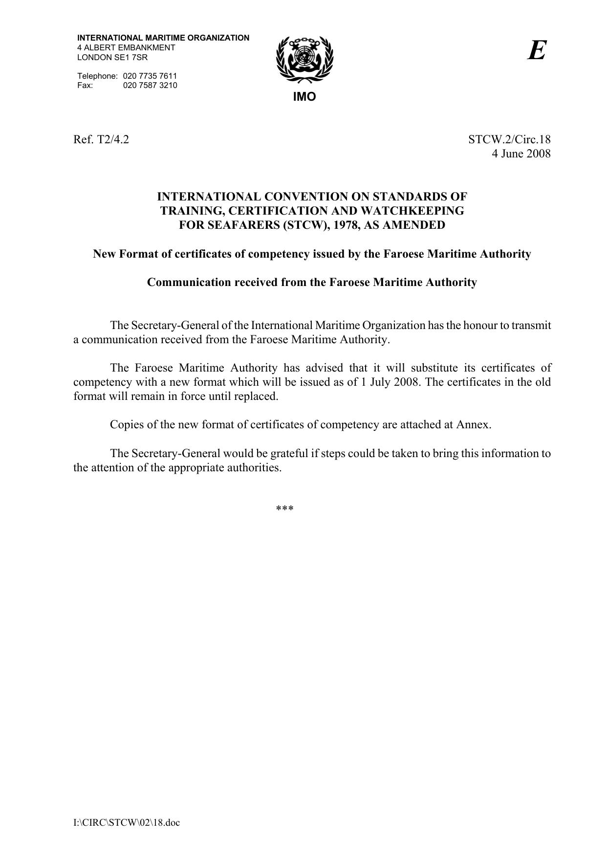 STCW.2Circ.18 - New Format of certificates of competency issued by the Faroese Maritime Authority - Communication received from the Faroese Maritime Authority by Unknown
