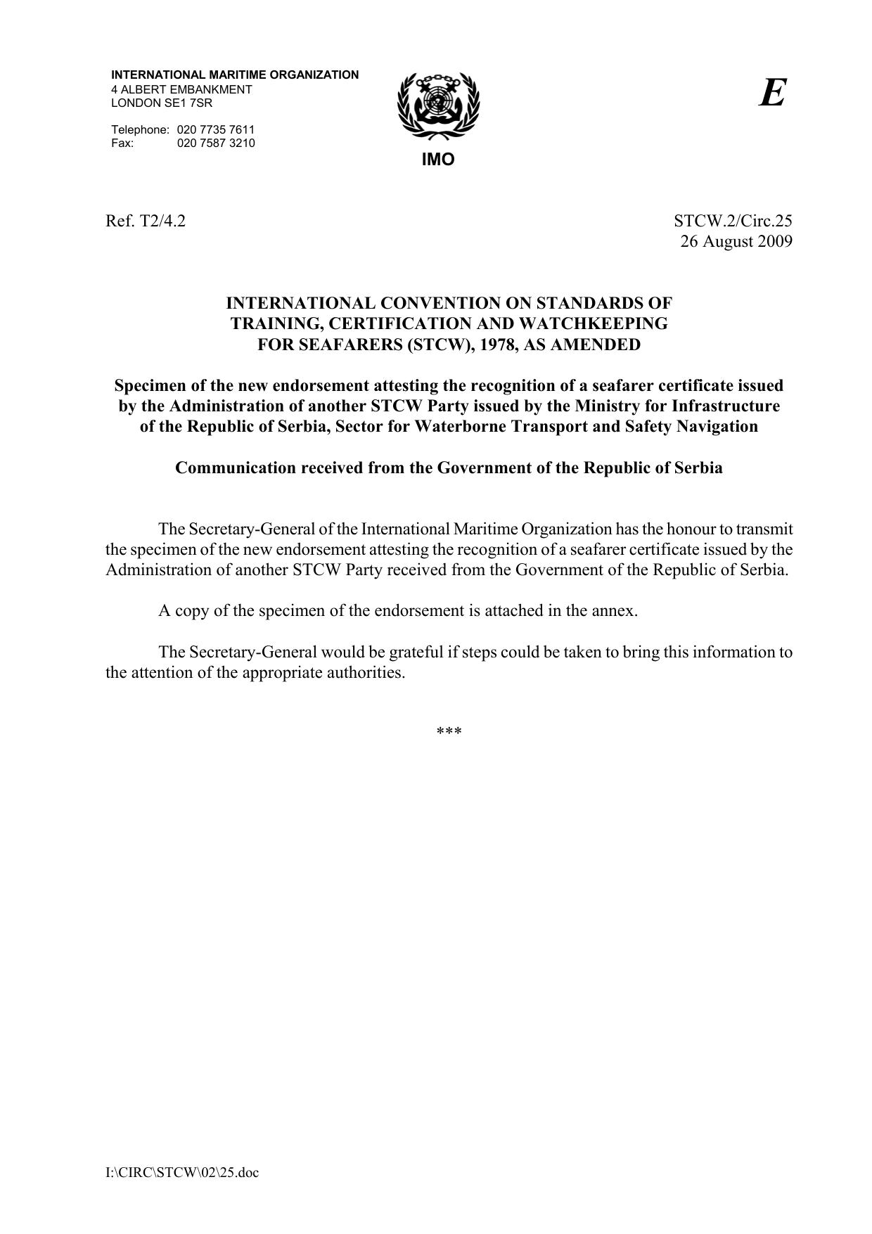 STCW.2Circ.25 - Specimen of the new endorsement attesting the recognition of a seafarer certificate issued by the Administration of another STCW Party issued by the Ministry for In by R4S